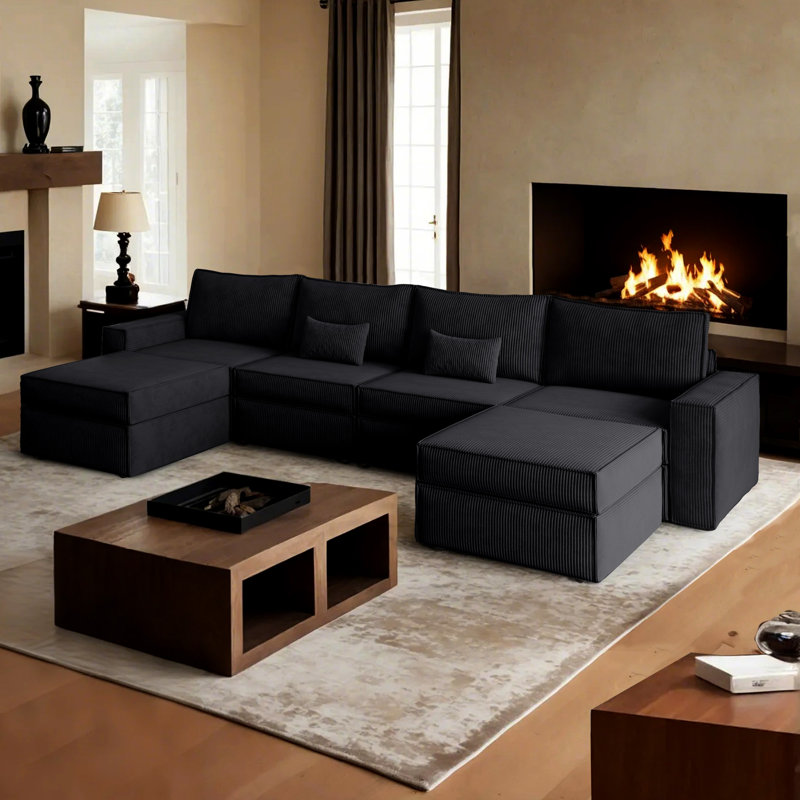 Modular U-shaped Sectional Corduroy Sofa With Movable Ottoman, Black Corduroy