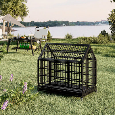 48 Inch Heavy Duty Dog Cage With Wheels And Pointed Roof, Removable Tray, 2-door Design For Indoor Outdoor Pet Residences Crate Wheels, Suitable Environments