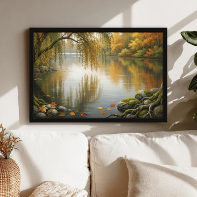 Art mural encadré en bois naturel pour salon, chambre à coucher, bureau ou vestibule - décoration murale décorative avec lac d'automne