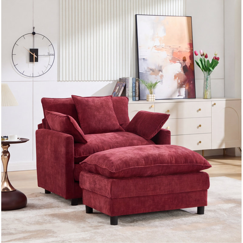 Chaise d'appoint en chenille rouge vin 39,4 "avec repose-pieds - Fauteuil rembourré moderne pour le salon, la chambre à coucher, le coin lecture