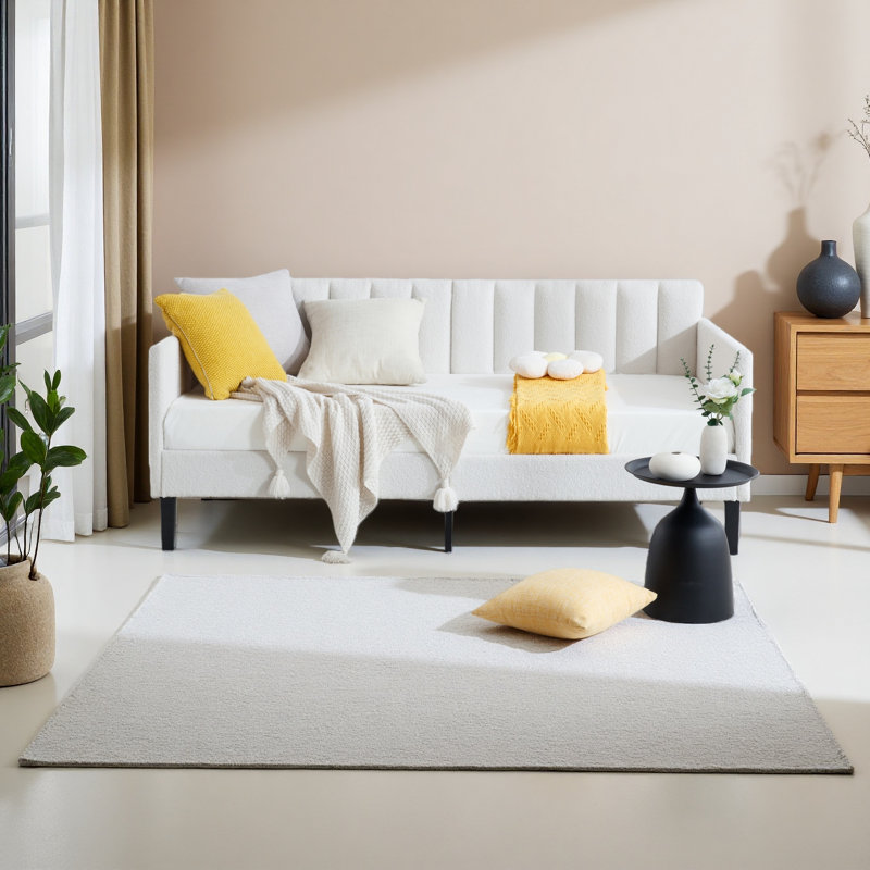 Twin Size Upholstered Daybed, Ribbed Tufted Backrest, Daybed In Lavish Modern Design, Richly Hued Foam Comfort, Ivory
