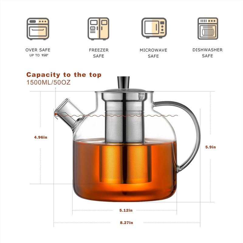 Théière en verre 1500 ml (50 oz) avec infuseur amovible, avec infuseur en acier inoxydable