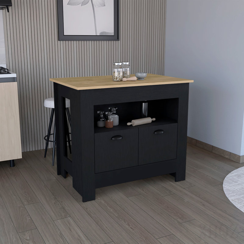 Kitchen Island Two Door Cabinet and Shelf, Black