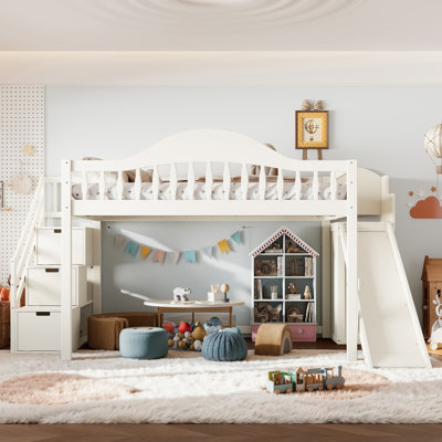 Full Size Loft Bed with Storage Stairs, Slide & Built-in Wardrobe, Wood Loft Bed Frame with High Guardrail, Beige