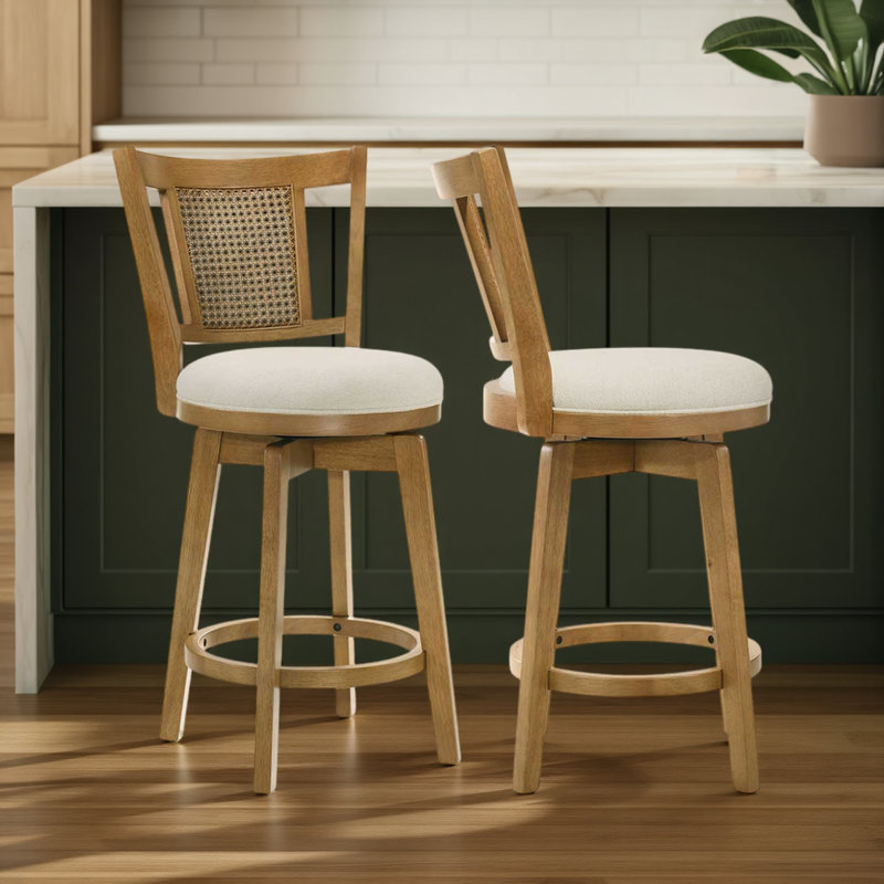 Demeterius Counter Height Or Bar Height Rubberwood Barstool With Fabric Seat, 2, Bar Stool (30.13” Seat Height), Cream
