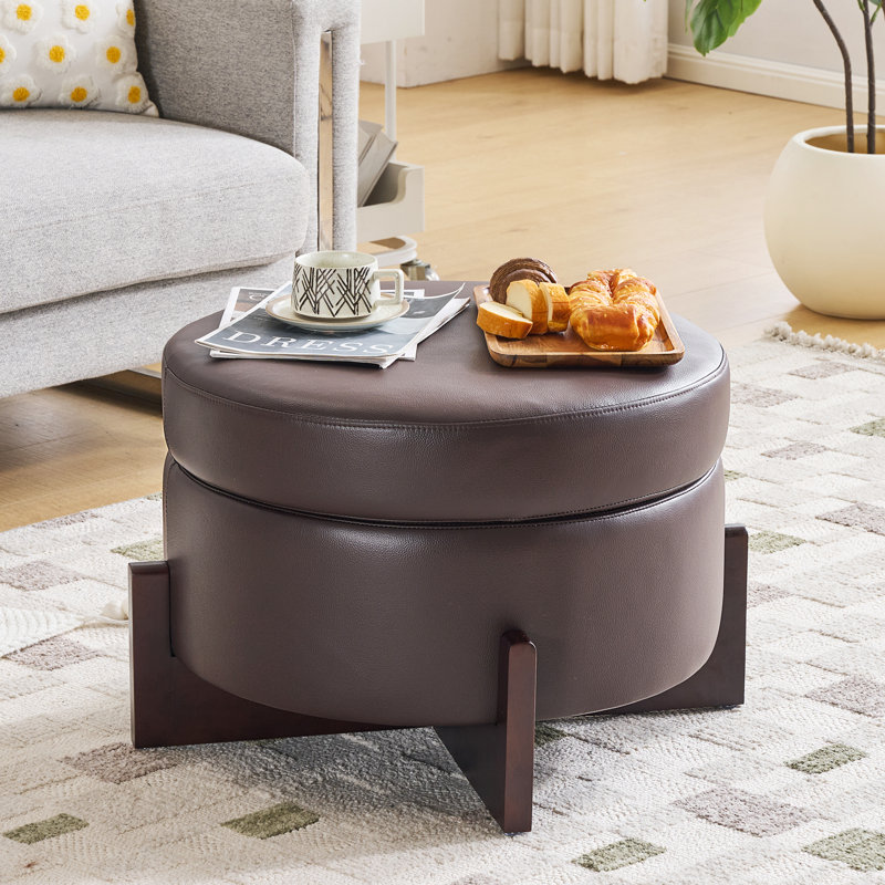 26 Inch Round Storage Ottoman, Modern Leather Ottoman Coffee Table With Removable Top, Upholstered Ottoman With Storage, Footrest Stool For Living Room, Bedroom (dark Brown)