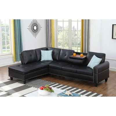 Canapé modulaire en forme de L noir avec rangement et porte-gobelets 2 pièces
