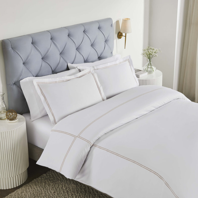 Full/Queen White and Taupe Cotton Embroidered Duvet Cover Set