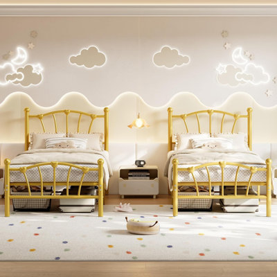Twin Size White Heavy Duty Metal Platform Bed Frame For Kids With Heart Pattern Headboard Footboard Bed Slats Support No Box Spring Needed