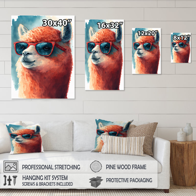 «Cool Alpaca with Sun Sun Watercolor V», reproduction sur toile, L 12 po x H 20 po, Toile tendue