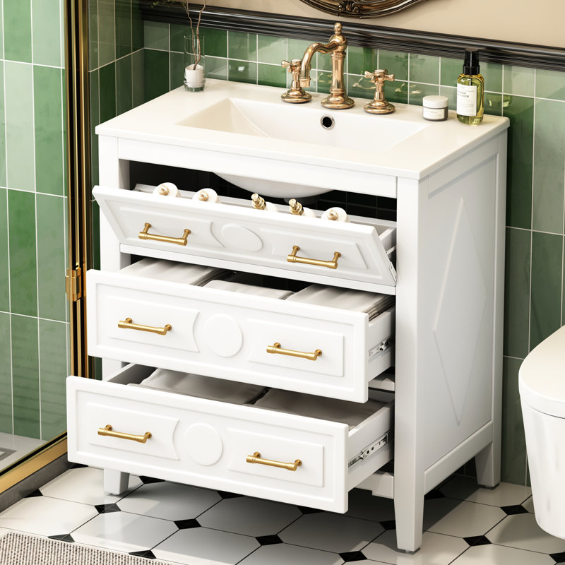 Meuble-lavabo blanc de 30 po avec charnières réglables à fermeture en douceur, tableau et cadre en bois massif pour lavabo classique en céramique avec rangement à 3 tiroirs
