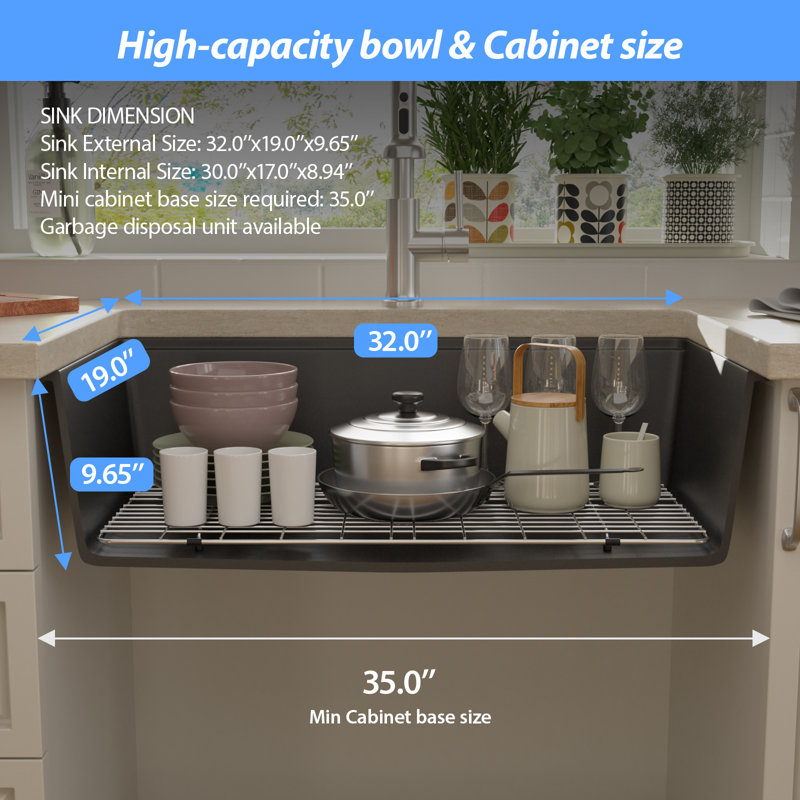 Évier de cuisine à quartz encastré à simple cuve en granite 32 po x 19 po, Noir
