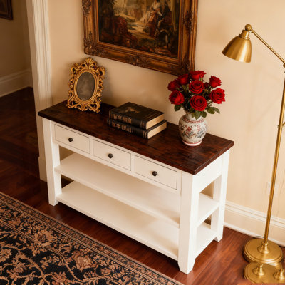 48'' Solid Pine Wood Top Console Table, Modern Entryway Sofa Side Table with 3 Storage Drawers and 2 Shelves. Easy to Assemble