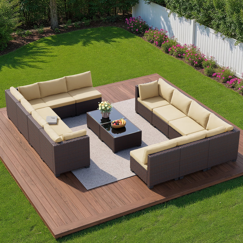 Ensemble de conversation modulaire en osier pour 6 personnes avec coussins, Jaune, Ensemble de 7 pièces