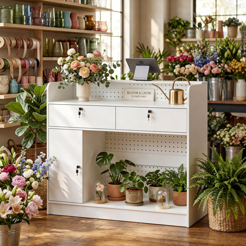 Établi blanc de 47,2 po de largeur avec rangement, 2 tiroirs verrouillables, armoire