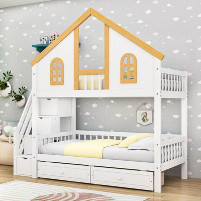 Woode Bunk Bed With House Roof Design, Storage Staircase And Drawers