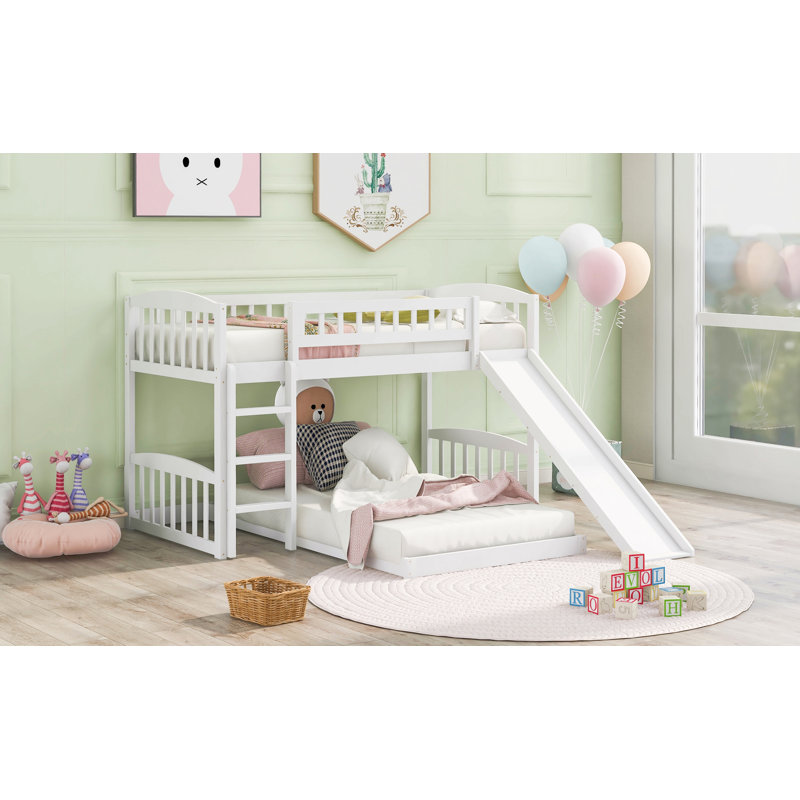Lit simple superposé au-dessus d'un lit simple avec glissière et échelle, blanc