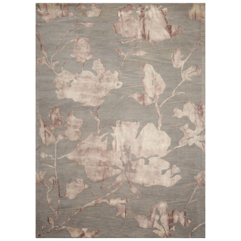 Tapis gris contemporain en laine botanique touffeté à la main de style oriental, Rectangle 8 pi 8 po x 12 pi