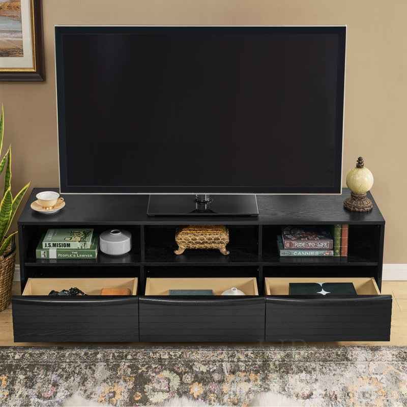 63" Mid-Century Modern TV Stand For Tvs Up To 75", Thick Sturdy Farmhouse Entertainment Cabinet, Media Console For Living Room, Louver Design & Solid Wood Drawers & Outlet Holes