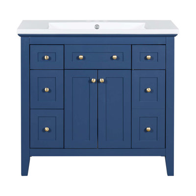 36'' Bathroon Vanity With Resin Sink Combo Set, Modern Freestanding Single Bathroom Cabinet With 6 Drawers & 2 Cabinets, Storage Cabinet For Bathroom, Solid Wood Frame Vanity