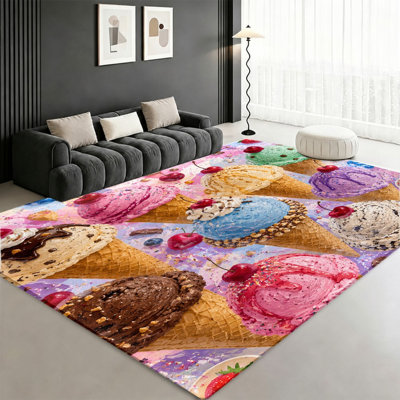 Tapis à motif de cornet de glace, imprimé réaliste, fond abstrait artistique, antidérapant, décoration intérieure colorée pour salon, chambre, cuisine, salle de jeux, appartement
