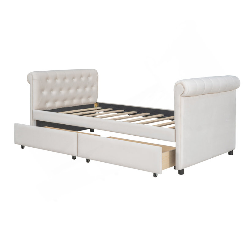 Lit de jour simple tapissier avec tiroirs, support en lattes de bois, beige