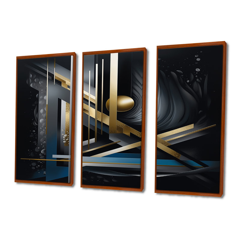 Minimal Tech Blue Gold Core - ensemble d'art mural géométrique, H 40 po x l 60 po x P 1 po, Cadre flottant brun