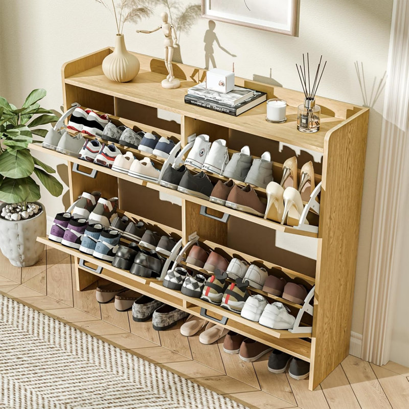Rustic Barn Door Shoe Cabinet with 4 Flip Drawers, Slim Space-Saving Entryway Organizer in Light Oak, Perfect for Living Room & Hallway
