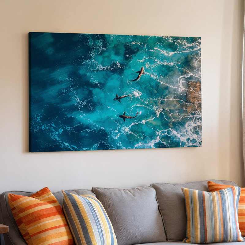 Toile vue aérienne de deux élégants requins glissant gracieusement à travers un art mural vibrant, H 9 po x l 12 po