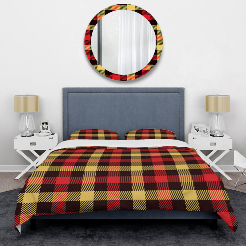 Tartan à carreaux rouge et jaune - Ensemble de housse de couette abstrait - Microfibre de polyester