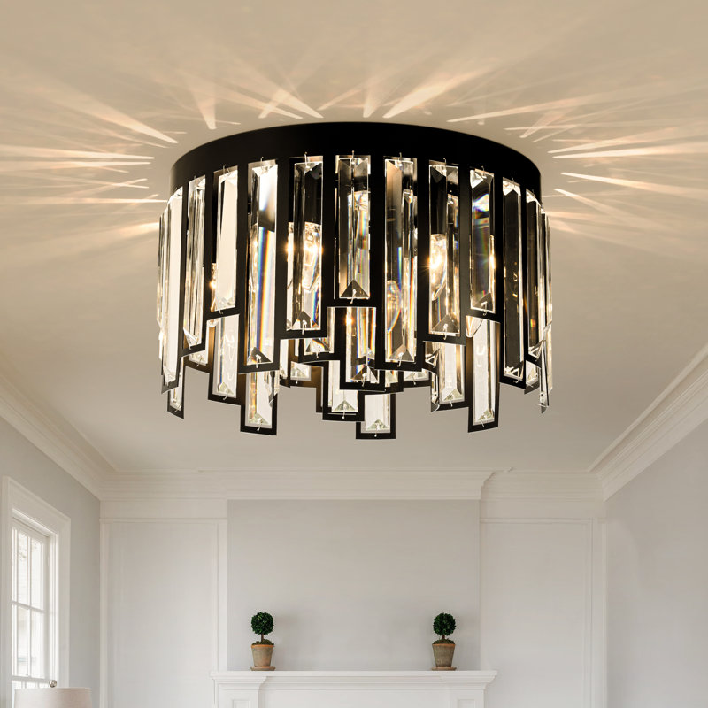 6 Lights Flush Mount Chandelier 16" Matte Black Modern Dimmable Round Ceiling Lamp With Crystal Accents