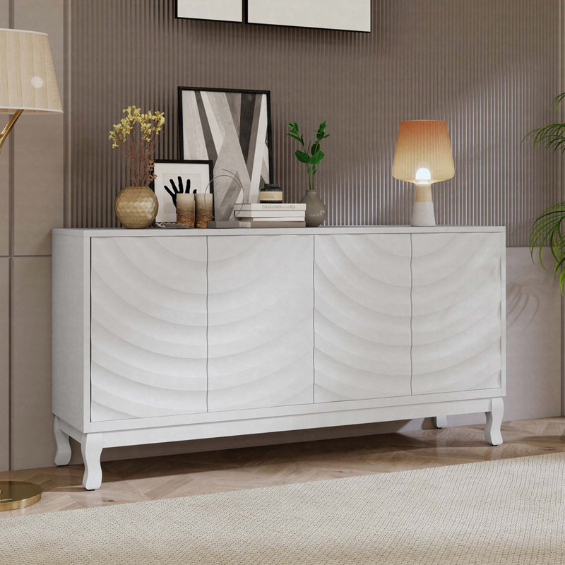 Elegant 4-Door Sideboard With Wavy Pattern Doors, Natural Wood Veneer, Adjustable Storage And Rebound Opening Design, Modern Accent Buffet For Living Room Or Entryway