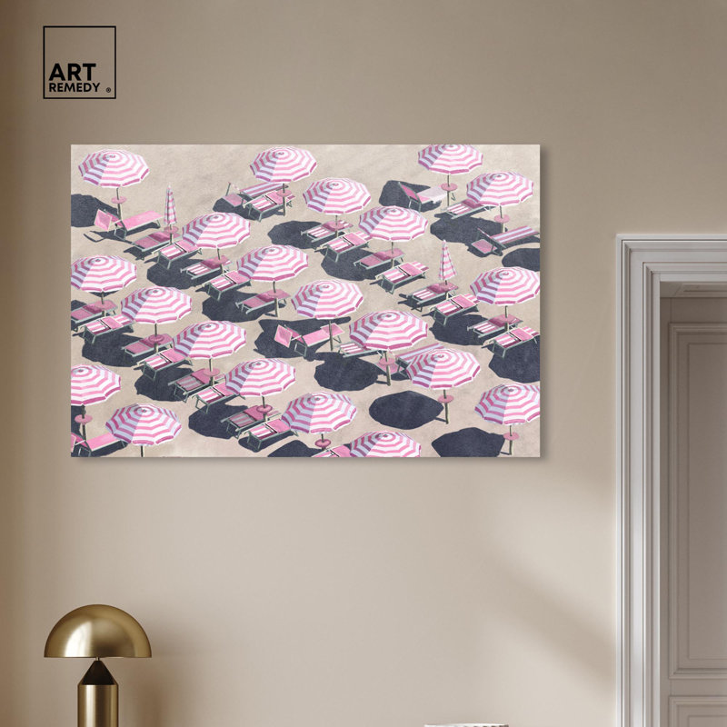 Pink Umbrella Parade Beach Canvas Wall Art, 45" x 30"