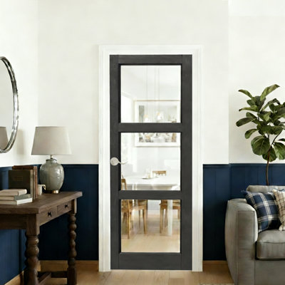 Porte à dalle - 3 portes intérieures en verre noir clair avec poignée à levier argentée 24 po x 80 po