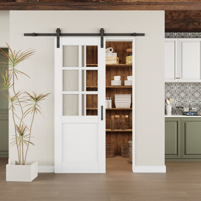 Porte de grange coulissante en verre transparent avec apprêt blanc moderne 6-Lite avec trousse de quincaillerie d'installation (aucun assemblage requis)