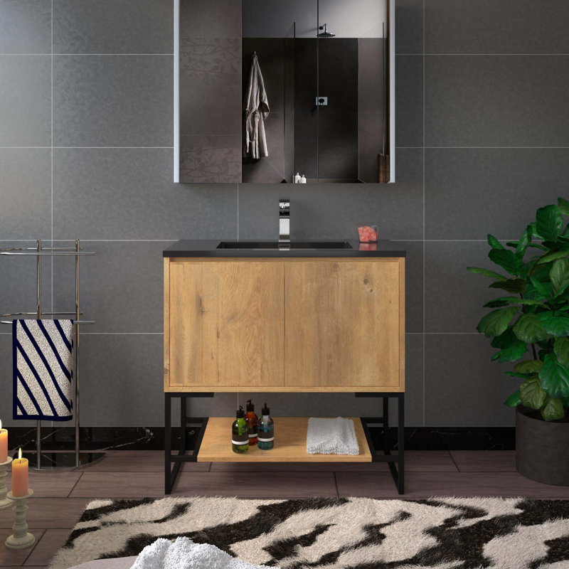 Single Bathroom Vanity, Oak, Black, 24"