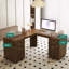 Bureau d'angle en L avec station de charge et rangement-393672912