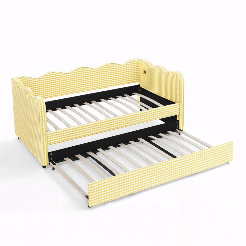 Daybed with Trundle Twin Size Sofa Bed No Box Spring Needed, with USB Port and Adorable Wave Shaped, Linen Fabric, Yellow