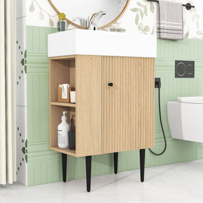 Meuble-lavabo simple contemporain Kurtz avec lavabo en céramique, rangement à gauche et porte à fermeture en douceur