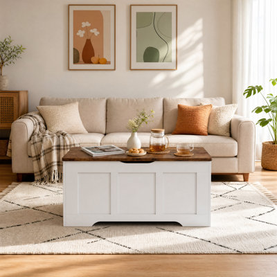 Storage Chest – 39" Wooden Storage Box with Flip-Top Lid, Safety Hinges, Storage Bench for Entryway Bedroom Living Room, Retro White Frame + Brown Top