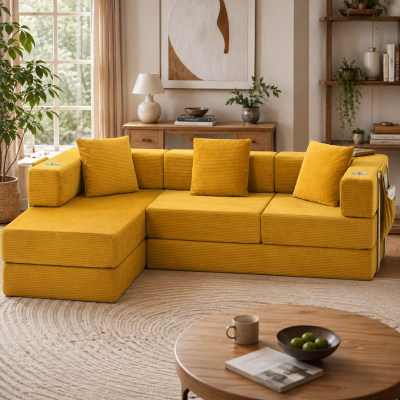 Canapé d'angle modulaire Efigenia de 274 cm (108 po) avec revêtement en velours côtelé et structure en métal, Jaune