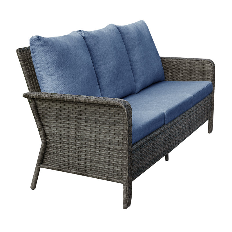 7 - Person Rectangular Outdoor Dining Set with Fire Pit Table and Cushions, Blue, Grayish Brown