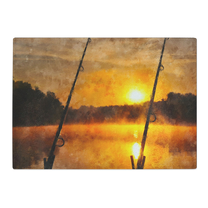 Fishing Rods and Lake Painting Chopping Board, 20cm W x 28.5cm L