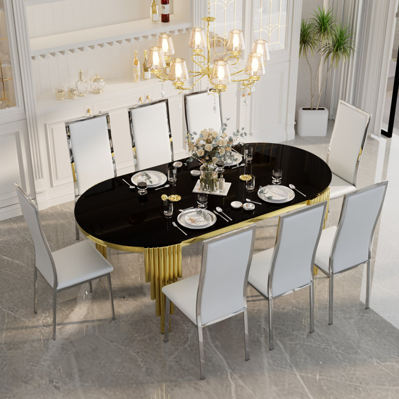 Ensemble de table de salle à manger de luxe 9 pièces 9 pièces, Blanc / Argent