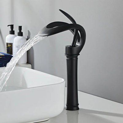 Modern Elegant Waterfall Bathroom Vessel Sink Faucet With Single Lever Handle Lead-Free Solid Brass Black Finish Corrosion Resistant Fixed Spout Single Hole Installation