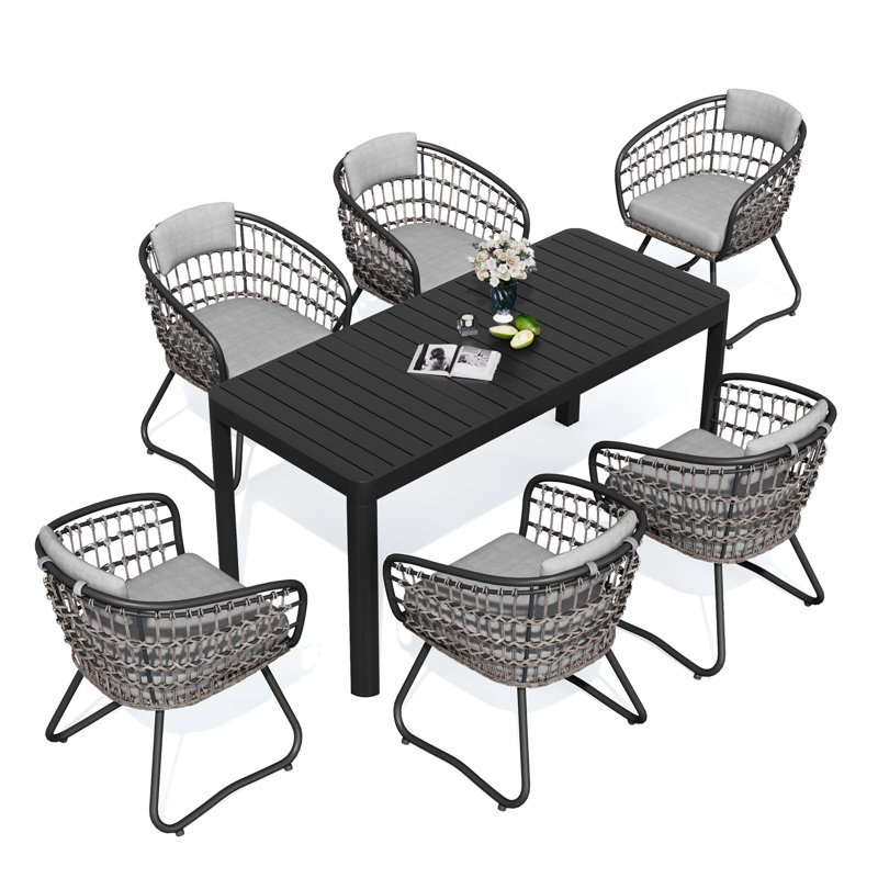 Ensemble de salle à manger extensible rectangulaire en aluminium pour 6 personnes avec coussin Warran (ensemble de 7), Bleu
