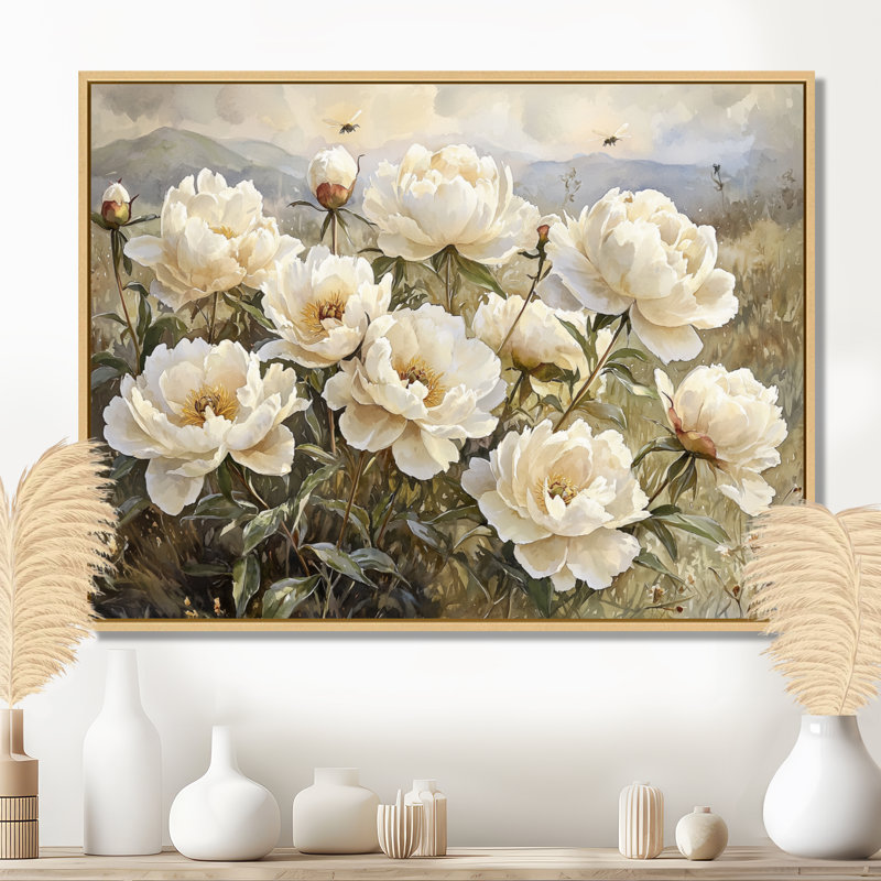 Pivoines près des ruches II - pivoines, art mural, H 12 po x l 20 po, Cadre flottant noir