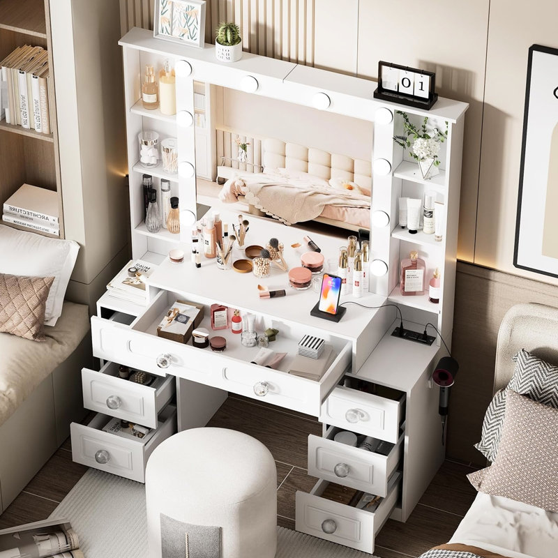Dressing Table, Lights, Mirror, Drawers, Hair Dryer Holder, Brightness Control, Charging Vanity Desk With Glass Top, 7 Open Shelves, Holder And Ports For Bedroom