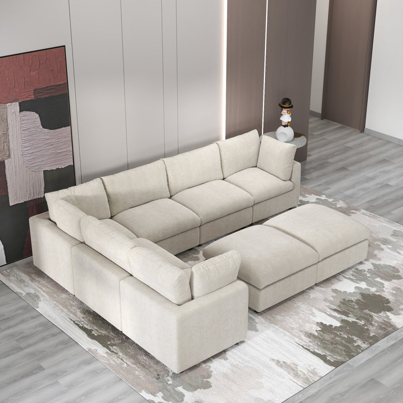 Kessi 8-Piece Upholstered Modern Chenille Fabric Modular Sectional Sofa With Ottoman, Beige Chenille