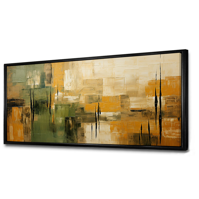 "Green beige Wild Essence Collage I - Tachisme", art mural sur toile, H 28 po x l 60 po, Reproduction avec cadre flottant